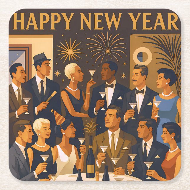 Mid Century Modern Martini Intellectuals New Year Square Paper Coaster (Front)