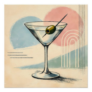 Mid Century Modern Martini Pastel Minimalist Art Poster