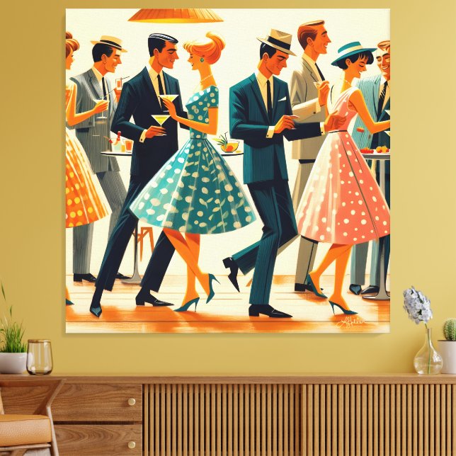 Mid Century Modern Martinis Dancing Cocktail Party Canvas Print (Insitu(LivingRoom))