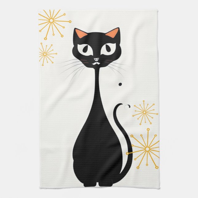 Mid Century Modern MCM Cool Black Cat Kitchen Towel (Vertical)