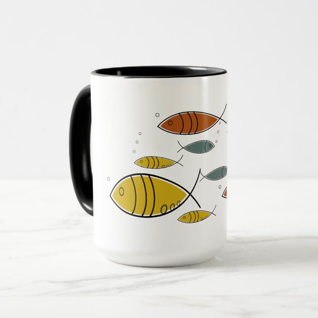 Mid Century Modern MCM Retro Fish Swimming Pattern Mug (Front Left)