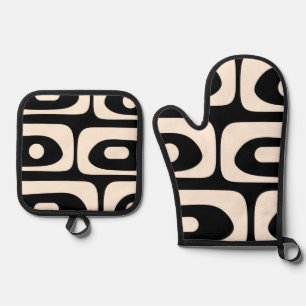 Mid Century Modern Minimalist Black Cream Piquet  Oven Mitt & Pot Holder Set