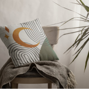 Mid Century Modern Minimalistic Green Orange Shape Throw Pillow