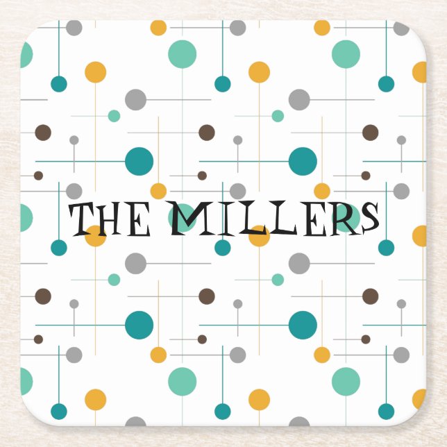 Mid Century Modern Minimalistic Personalized name  Square Paper Coaster (Front)