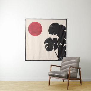 Mid Century Modern Monstera & Sun Minimalist Art Tapestry