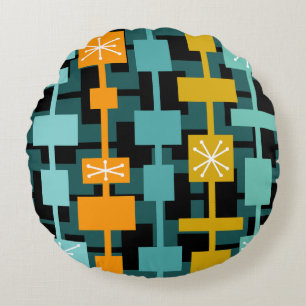 Mid Century Modern Multicolored Teal Round Pillow