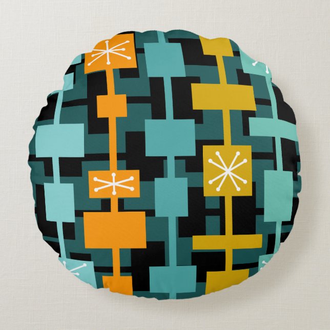 Mid Century Modern Multicolored Teal Round Pillow (Front)
