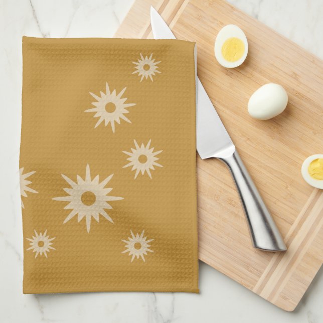Mid-Century Modern Ochre Gold Starburst Design Kitchen Towel (Quarter Fold)