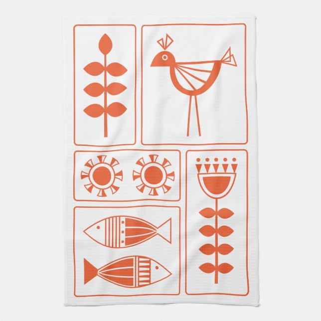 Mid Century Modern Orange Bird, Fish and Flowers K Kitchen Towel (Vertical)