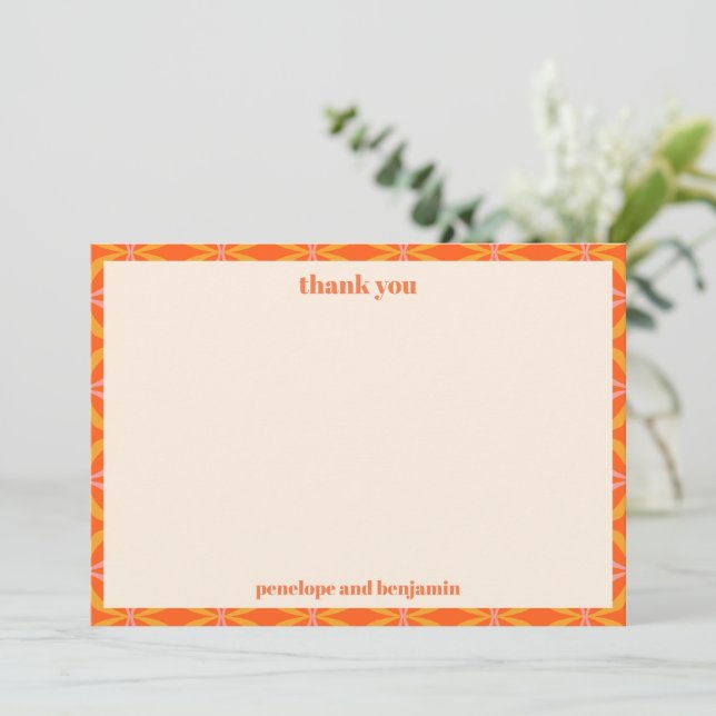 Mid Century Modern Orange Border Custom Wedding  Thank You Card (Standing Front)