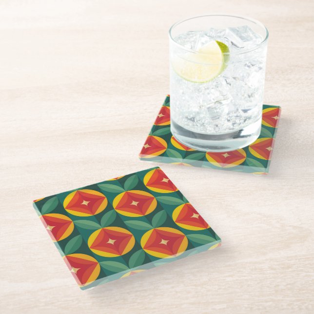 Mid Century Modern Orange Floral Pattern Glass Coaster (Angled)