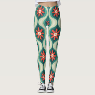Mid-Century Modern: Orange Flowers Abstract Leggings
