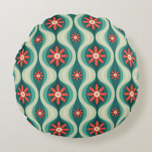 Mid-Century Modern: Orange Flowers Abstract Round Pillow