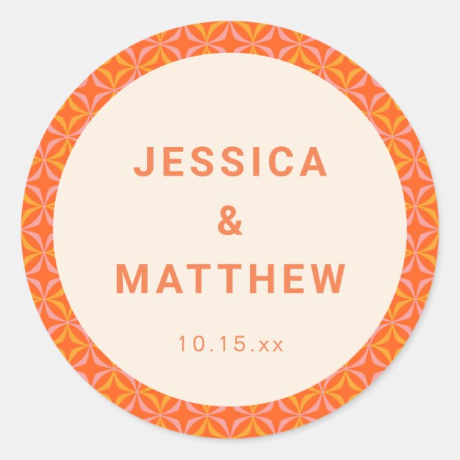 Mid Century Modern Orange Geometric Custom Wedding Classic Round Sticker (Front)