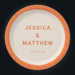 Mid Century Modern Orange Geometric Custom Wedding Paper Plate<br><div class="desc">This personalized paper plate features a bold mid century modern geometric pattern in warm orange, pink, and yellow wrapping the rim, with the couple's names and wedding date centred on a cream background. The mod tile border brings a retro, vibrant energy that makes even the tableware feel intentional and design-forward....</div>