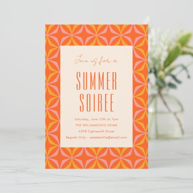 Mid Century Modern Orange Geometric Summer Soiree Invitation (Standing Front)