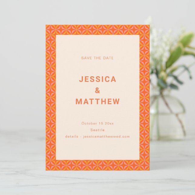 Mid Century Modern Orange Geometric Unique Wedding Save The Date (Standing Front)