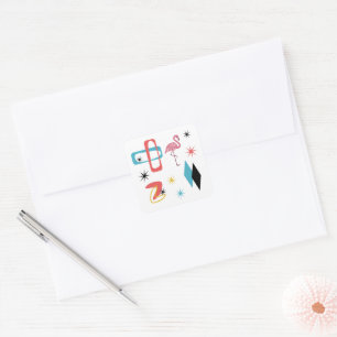 Mid Century Modern Oval Starburst Flamingo Pattern Square Sticker