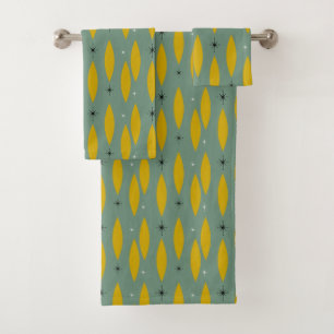 Mid Century Modern Ovals, Starbursts, Gold on Teal Bath Towel Set