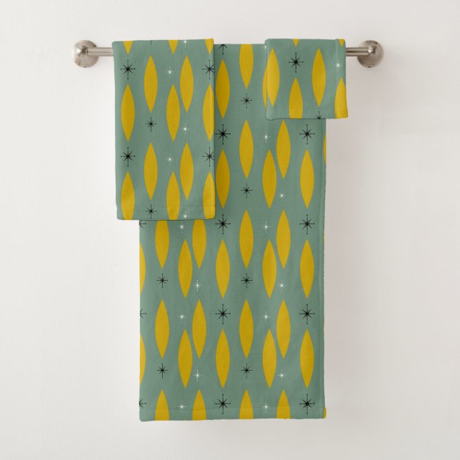 Mid Century Modern Ovals, Starbursts, Gold on Teal Bath Towel Set (Insitu)