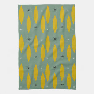 Mid Century Modern Ovals, Starbursts, Gold on Teal Kitchen Towel