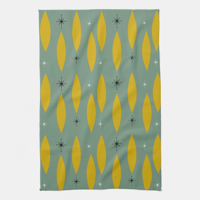 Mid Century Modern Ovals, Starbursts, Gold on Teal Kitchen Towel (Vertical)