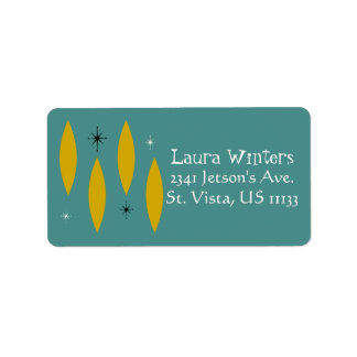 Mid Century Modern Ovals, Starbursts, Gold on Teal Label