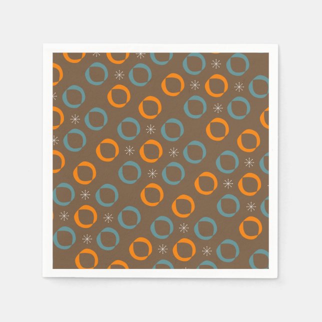 Mid Century Modern, Ovals, Stars Teal Orange Brown Napkin (Front)
