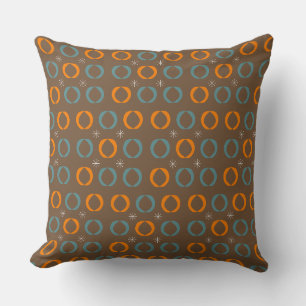 Mid Century Modern, Ovals, Stars Teal Orange Brown Throw Pillow