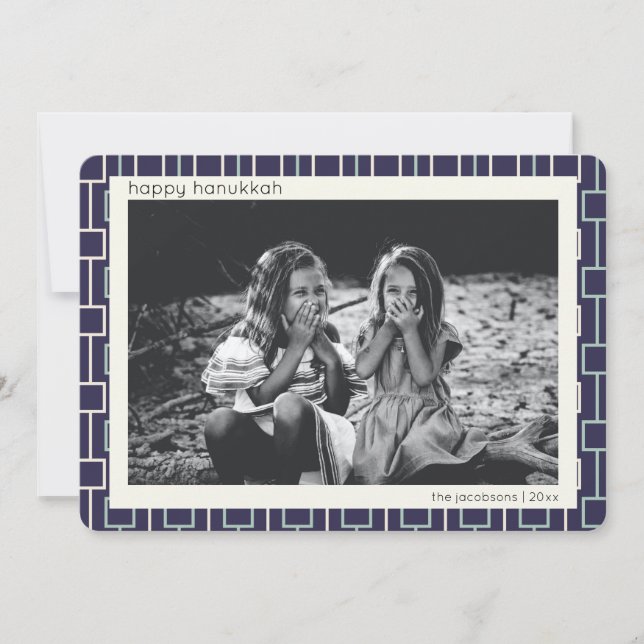 Mid Century Modern Pattern in Blue Hanukkah Photo Holiday Card (Front)