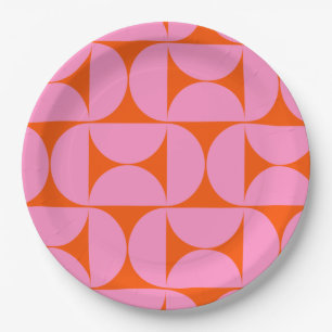 Mid Century Modern Pattern Preppy Pink And Orange Paper Plate