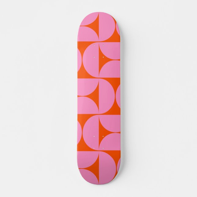 Mid Century Modern Pattern Preppy Pink And Orange Skateboard (Front)