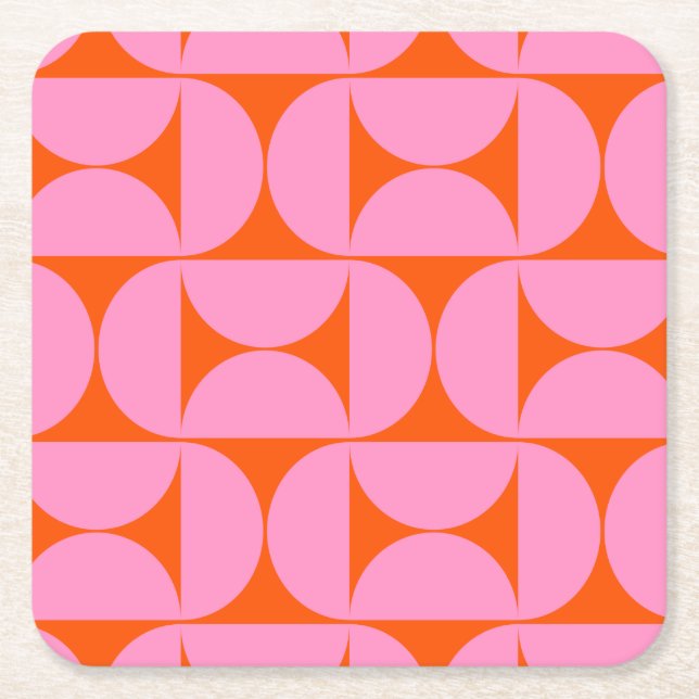 Mid Century Modern Pattern Preppy Pink And Orange Square Paper Coaster (Front)