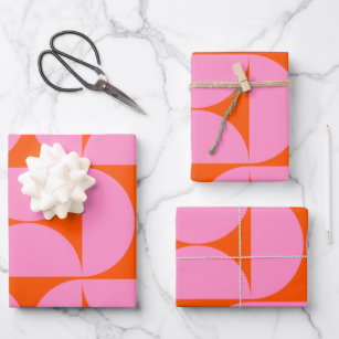 Mid Century Modern Pattern Preppy Pink And Orange Wrapping Paper Sheet
