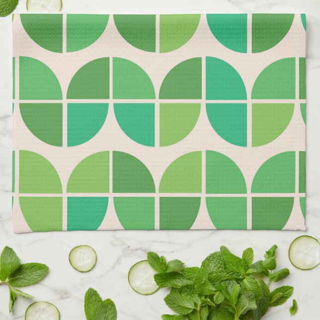  Mid Century Modern  Pattern with geometric green  Kitchen Towel (Folded)