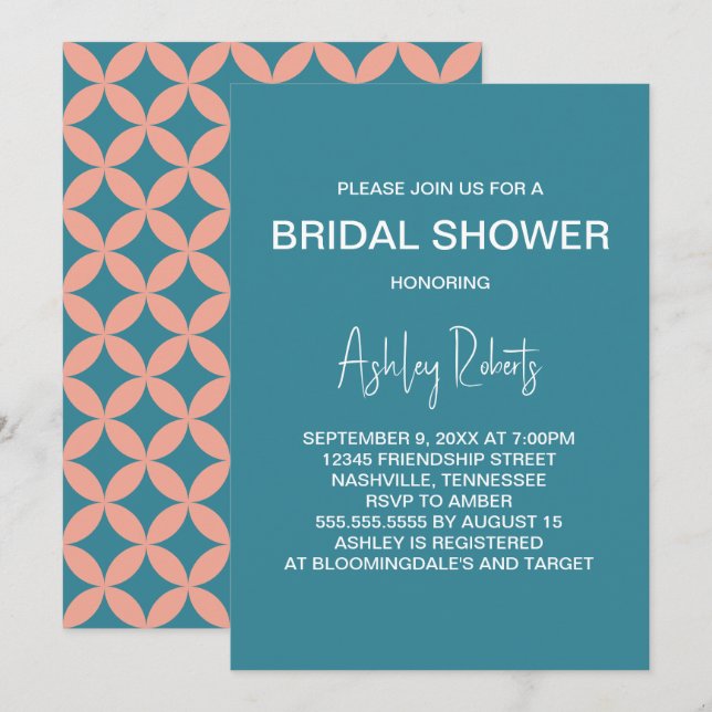 Mid-Century Modern Peach & Blue Mod Bridal Shower Invitation (Front/Back)