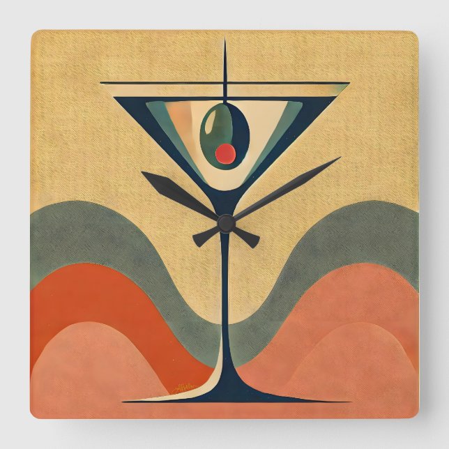 Mid Century Modern "pimento olive martini wave" Square Wall Clock (Front)