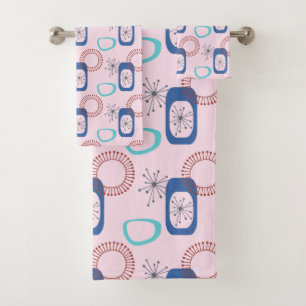 Mid Century Modern Pink Atomic Starbursts   Bath T Towel Set
