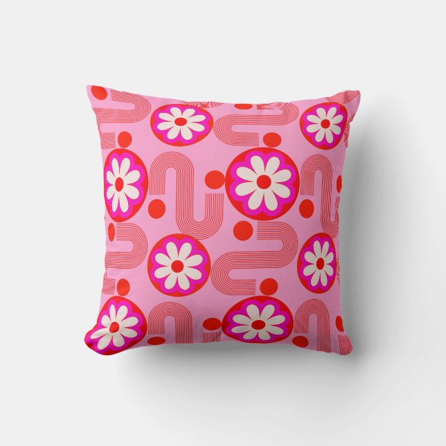 Mid Century Modern Pink Floral Retro Pattern  Throw Pillow (Front)