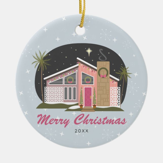 Mid Century Modern Pink House Christmas Ceramic Ornament (Front)