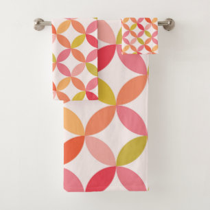 Mid century modern pink red orange Circles  Bath Towel Set