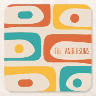 Mid Century Modern Piquet Abstract Personalized Square Paper Coaster