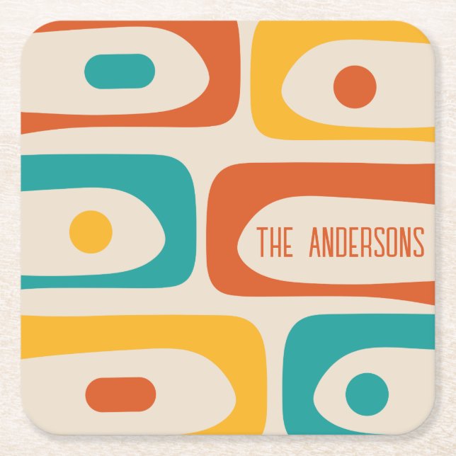 Mid Century Modern Piquet Abstract Personalized Square Paper Coaster (Front)