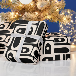 Mid Century Modern Piquet Black and Cream Abstract Wrapping Paper