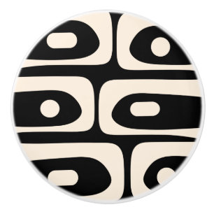 Mid-century Modern Piquet Pattern Black & Cream Ceramic Knob