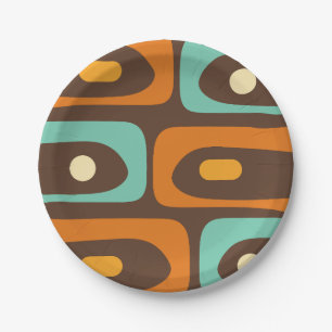 Mid-century Modern Piquet Pattern Brown Orange Paper Plate