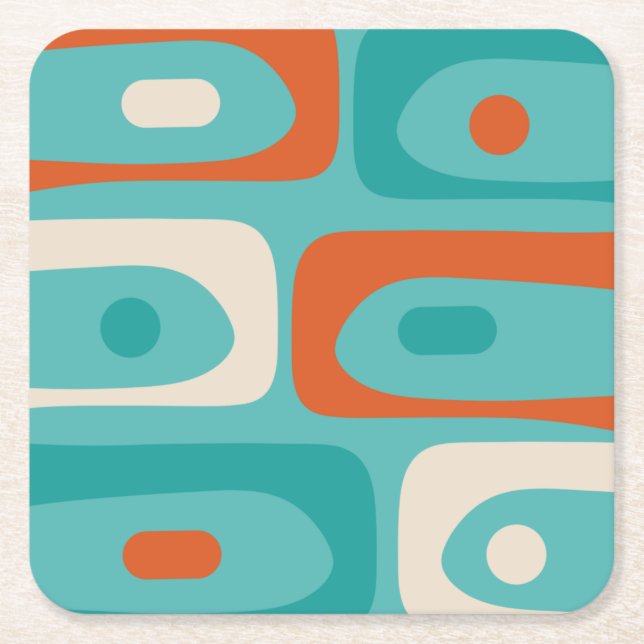 Mid-century Modern Piquet Pattern Teal Orange Square Paper Coaster (Front)