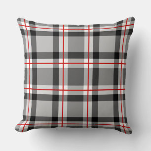 Mid-Century Modern Plaid, Black, White, Grey & Red Throw Pillow