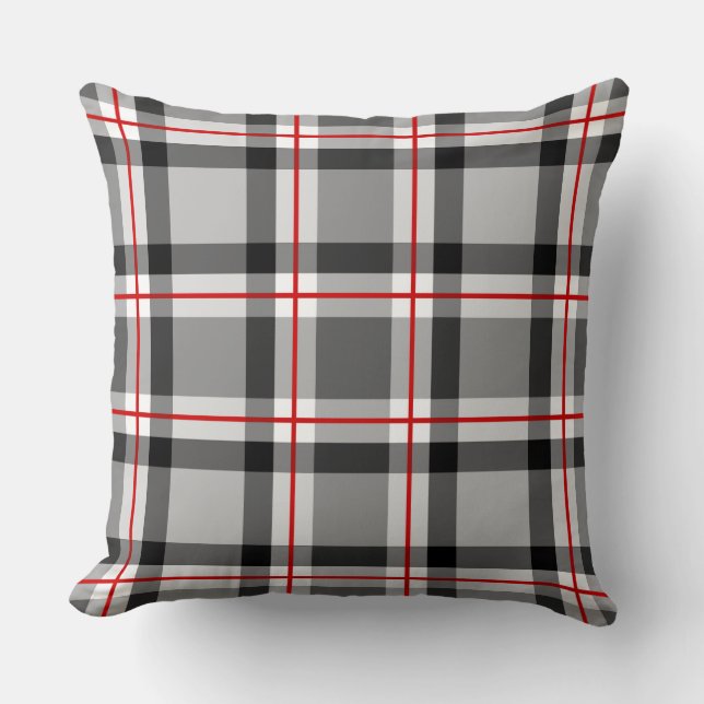 Mid-Century Modern Plaid, Black, White, Grey & Red Throw Pillow (Front)