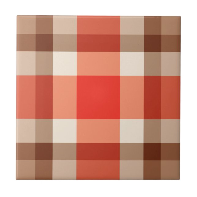 Mid-Century Modern Plaid, Coral Orange, Brown, Tan Tile (Front)
